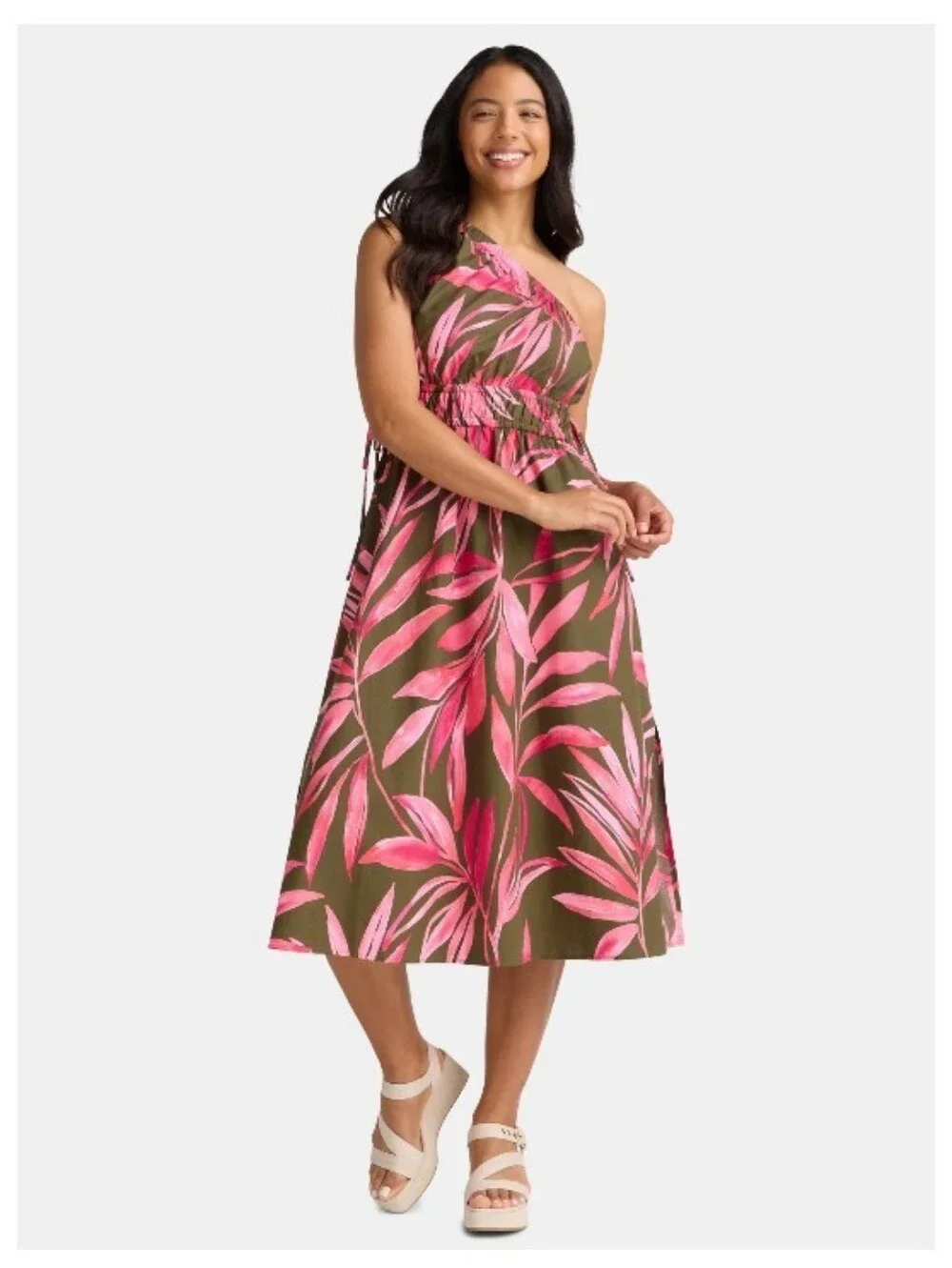 Time and Tru Women's XL One Shoulder Cotton Midi Dress Pink Olive/Gray Pockets